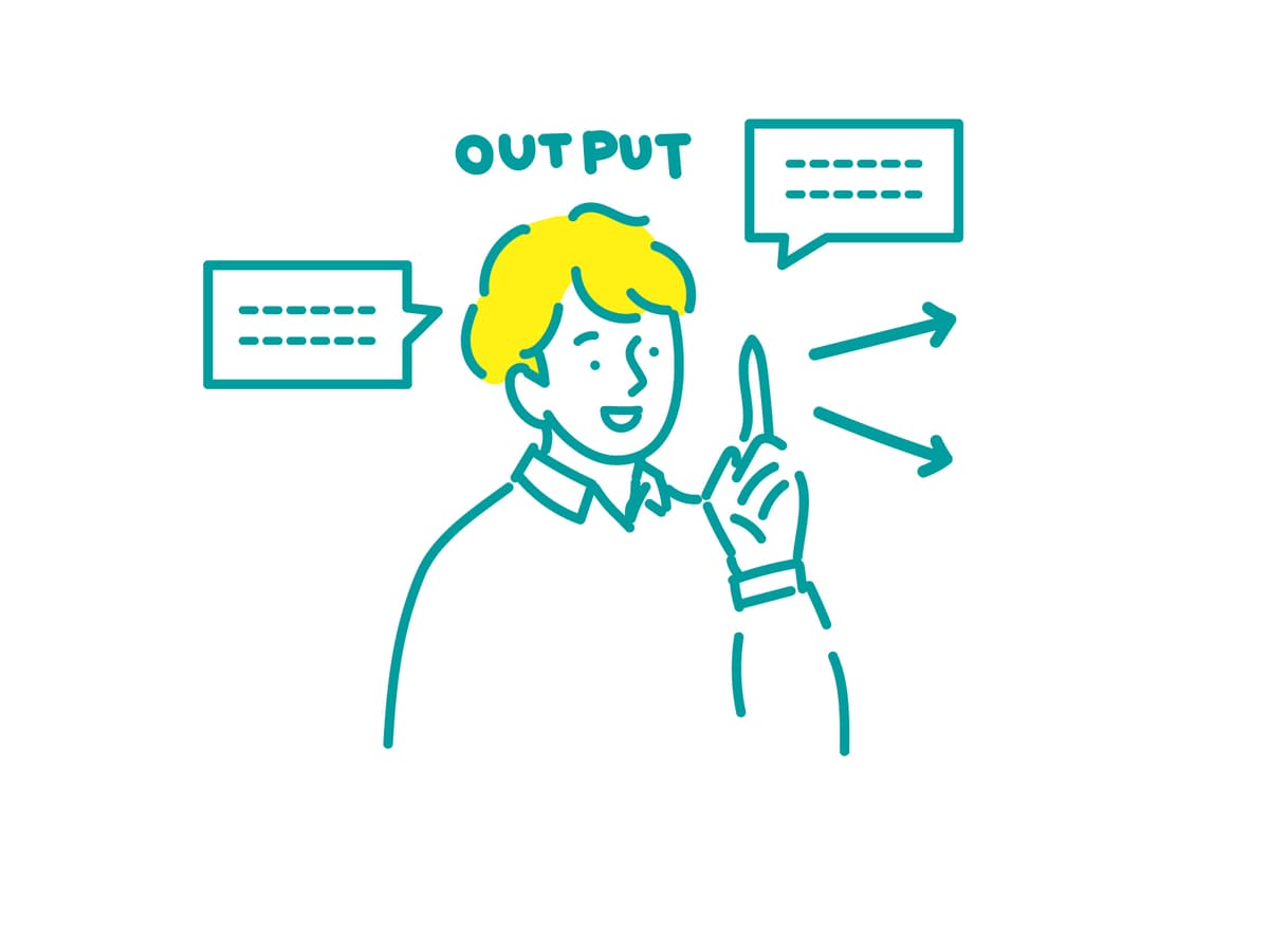 Output training illustration showing person speaking with speech bubbles